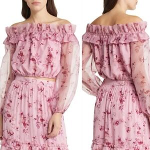 Revolve Cami NYC Top Womens S 100% Silk Ruffle Off Shoulder Romantic Cropped Top